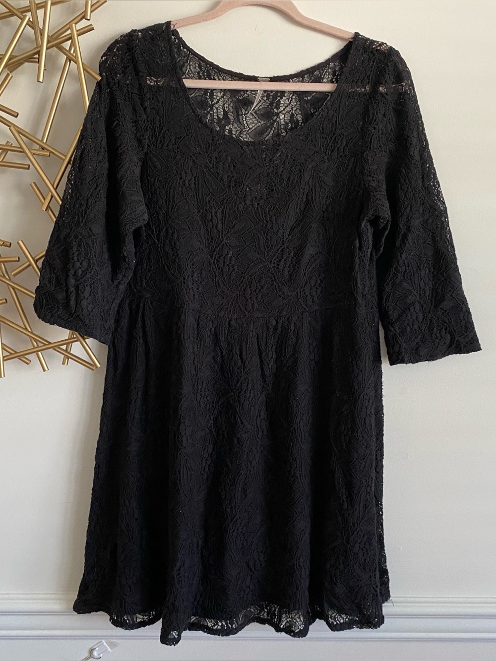 Free People Black Lace Babydoll 3/4 Sleeve Sheer Upper Back Lined Dress - Large
